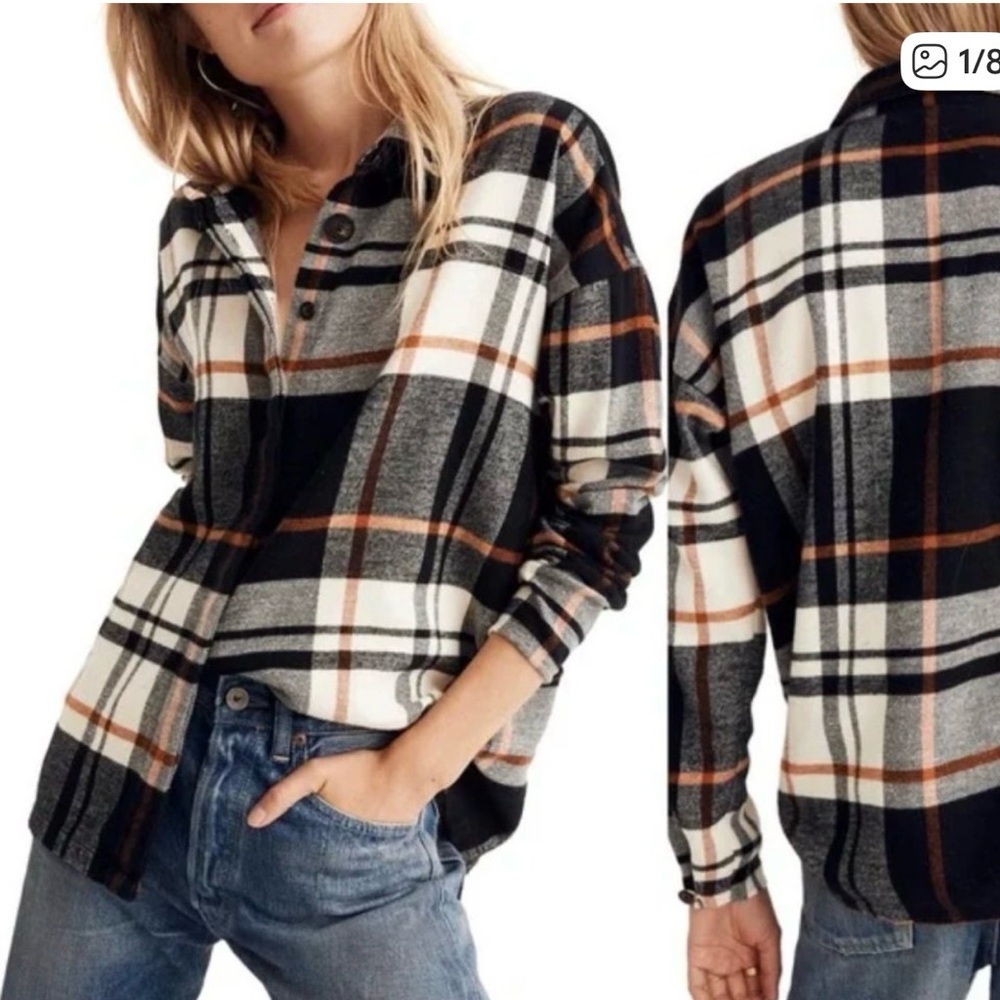 Madewell Black, Cream & Gray Plaid Button-Down Shirt Jacket